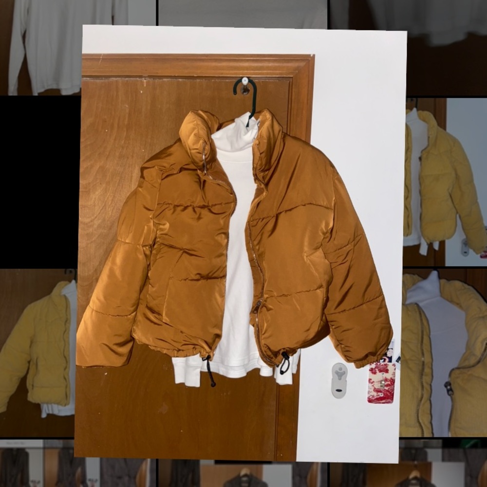 Brown slightly reflective puffer coat.